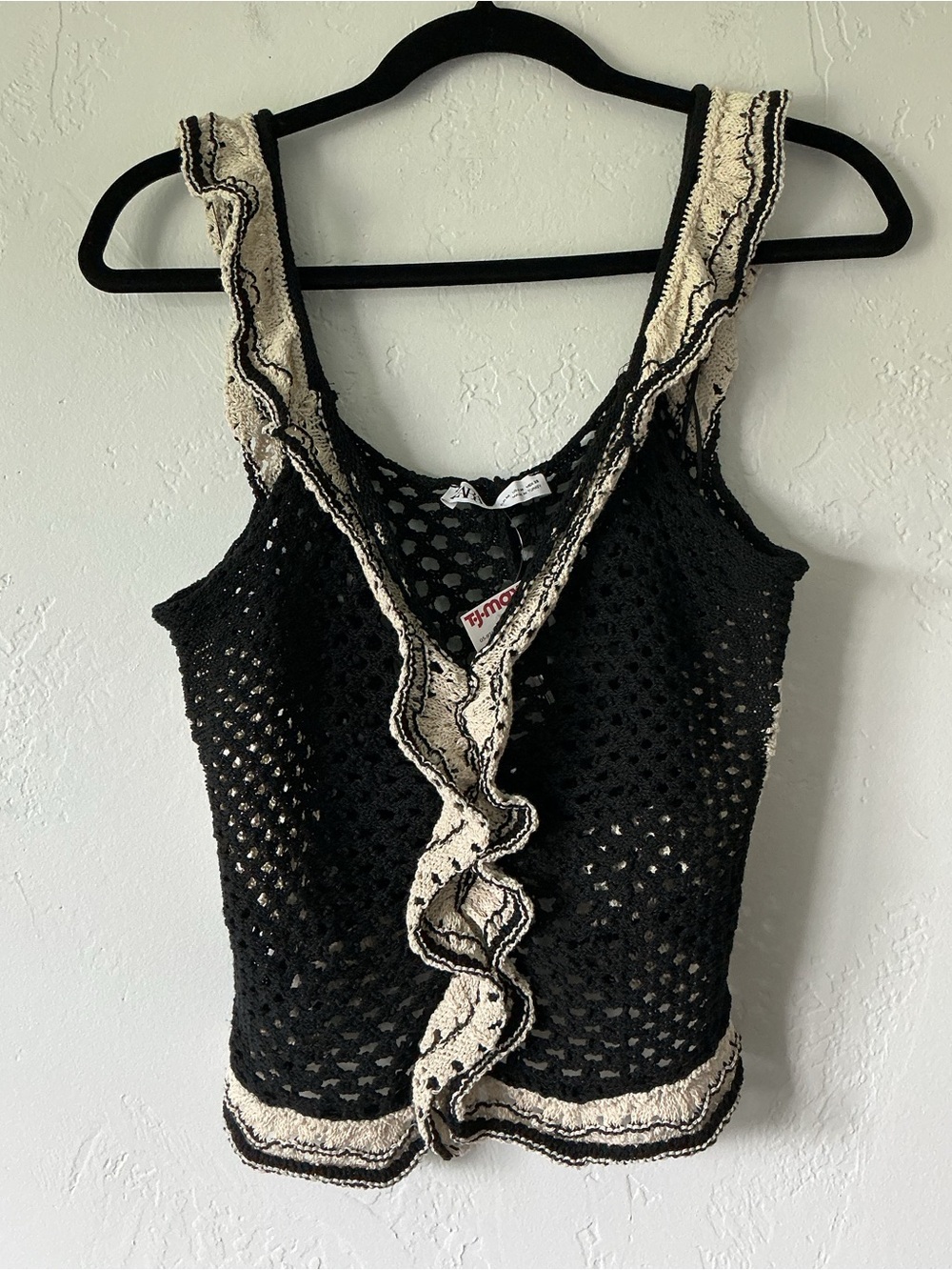 NWT Zara Black and Cream Open-Knit V-Neck Ruffle Trim Crochet Top